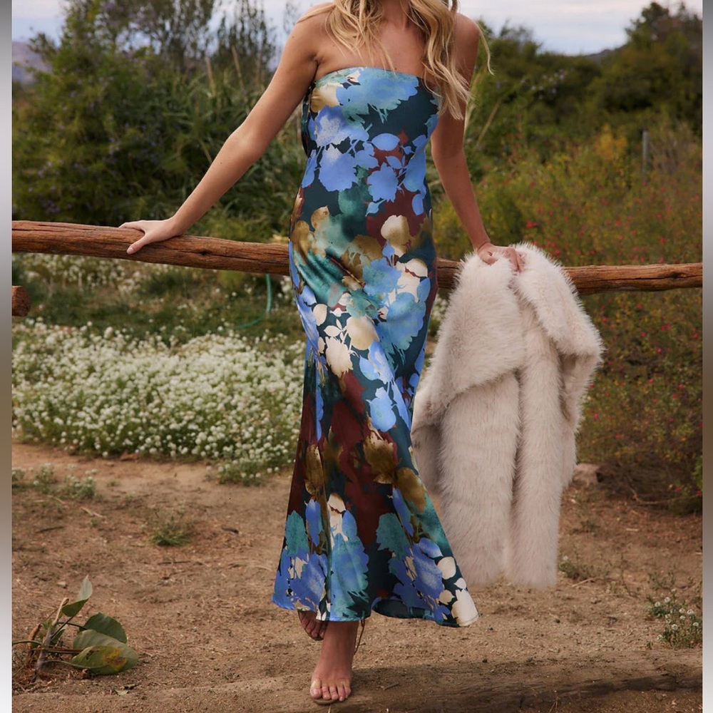 12th Tribe - Blue Floral Strapless Maxi Dress - Size Small